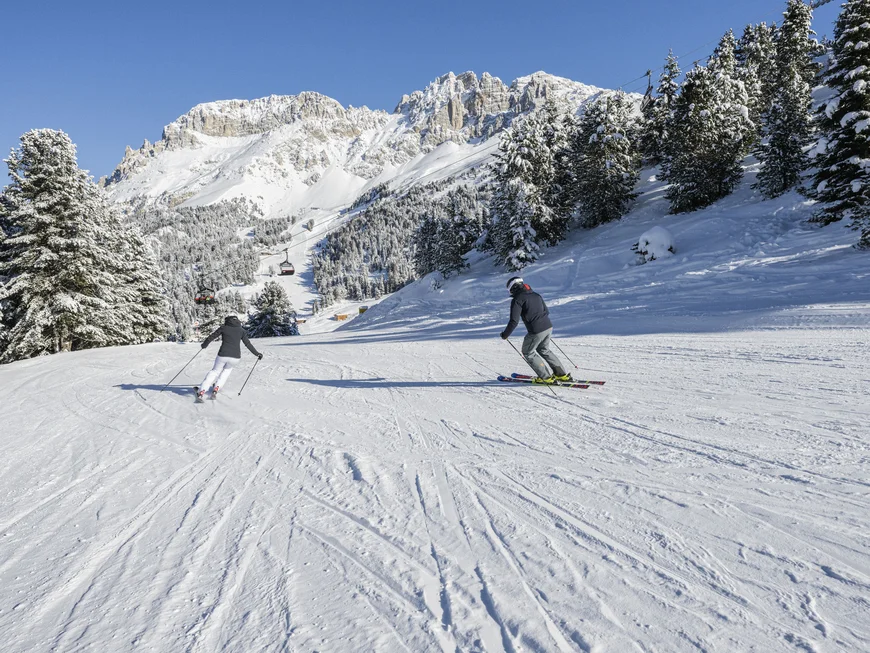 Friedrich ist DAS Boutiquehotel in den Dolomiten Zwei Skifahrer auf verschneiter Piste mit Bergen und Bäumen im Hintergrund
