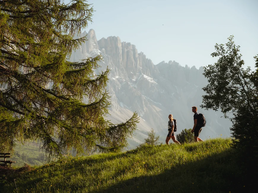 Friedrich ist DAS Boutiquehotel in den Dolomiten Wanderer auf grünem Hügel vor Bergkulisse bei klarem Himmel